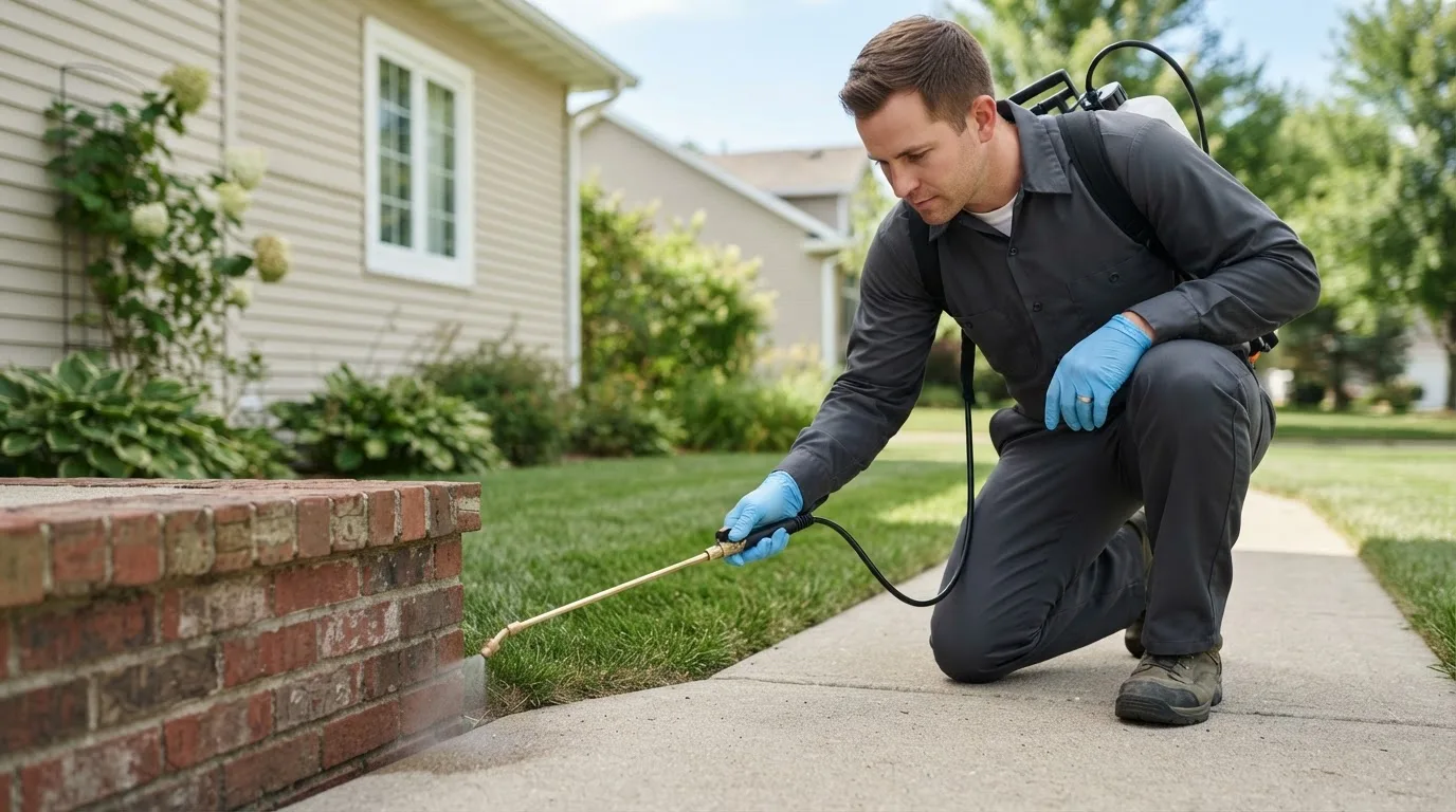 Pest control technician treating a home near Narragansett, RI